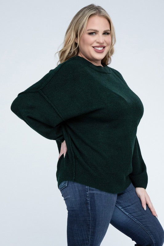 Plus Oversized Round Neck Raw Seam Melange Sweater (PLUS)