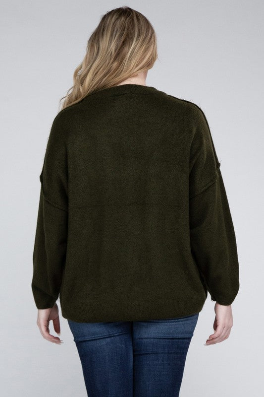 Plus Oversized Round Neck Raw Seam Melange Sweater (PLUS)