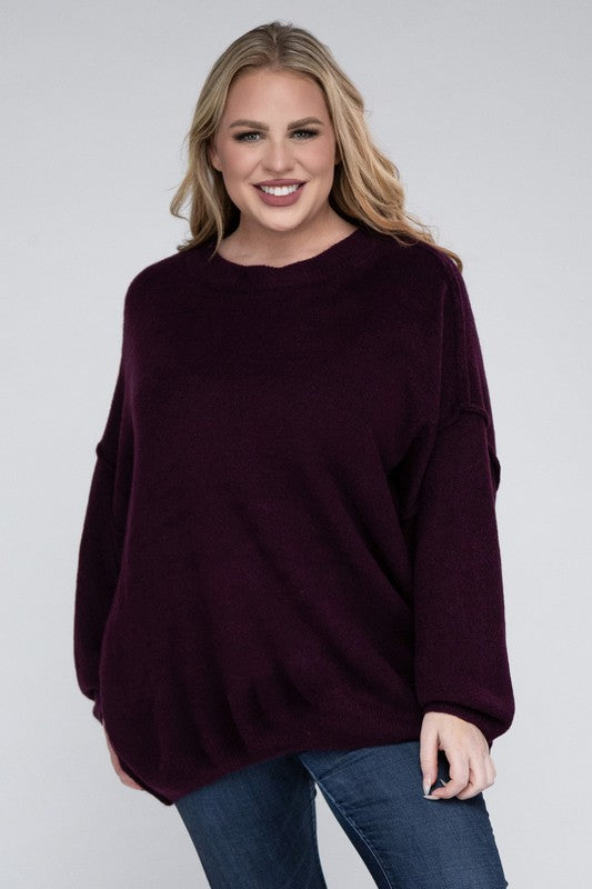 Plus Oversized Round Neck Raw Seam Melange Sweater (PLUS)