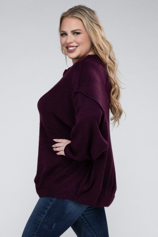 Plus Oversized Round Neck Raw Seam Melange Sweater (PLUS)