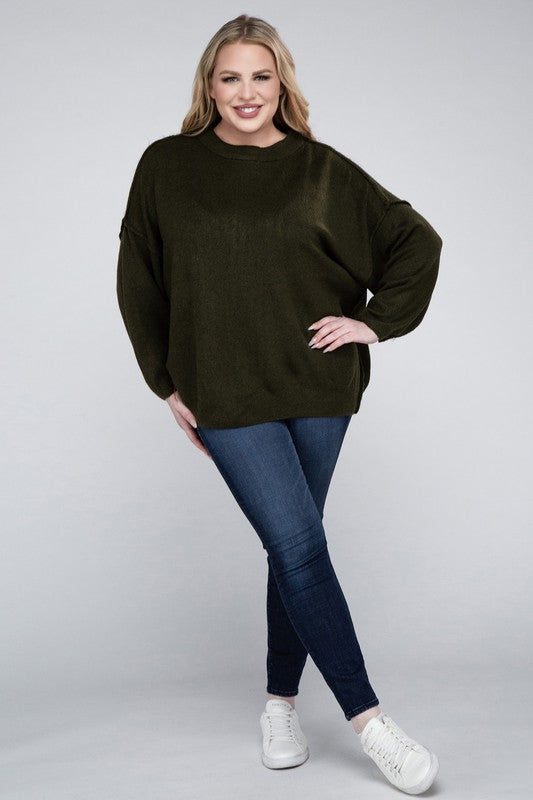 Plus Oversized Round Neck Raw Seam Melange Sweater (PLUS)