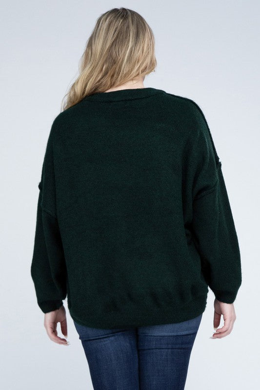 Plus Oversized Round Neck Raw Seam Melange Sweater (PLUS)