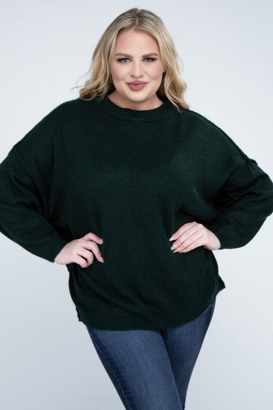 Plus Oversized Round Neck Raw Seam Melange Sweater (PLUS)