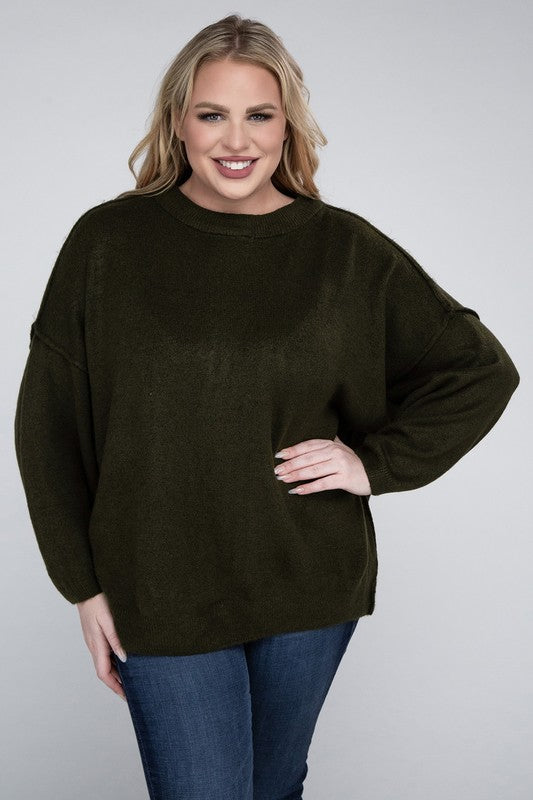 Plus Oversized Round Neck Raw Seam Melange Sweater (PLUS)