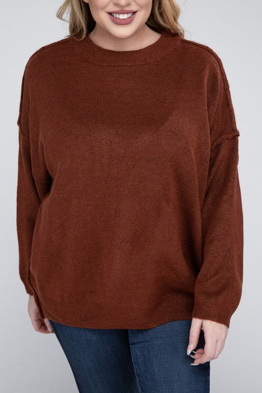 Plus Oversized Round Neck Raw Seam Melange Sweater (PLUS)